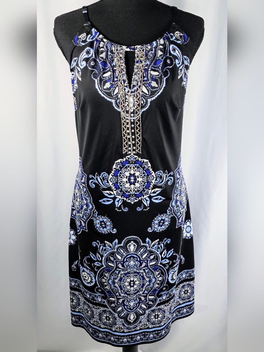 INC International Concepts Black and Blue Printed Sleeveless Dress